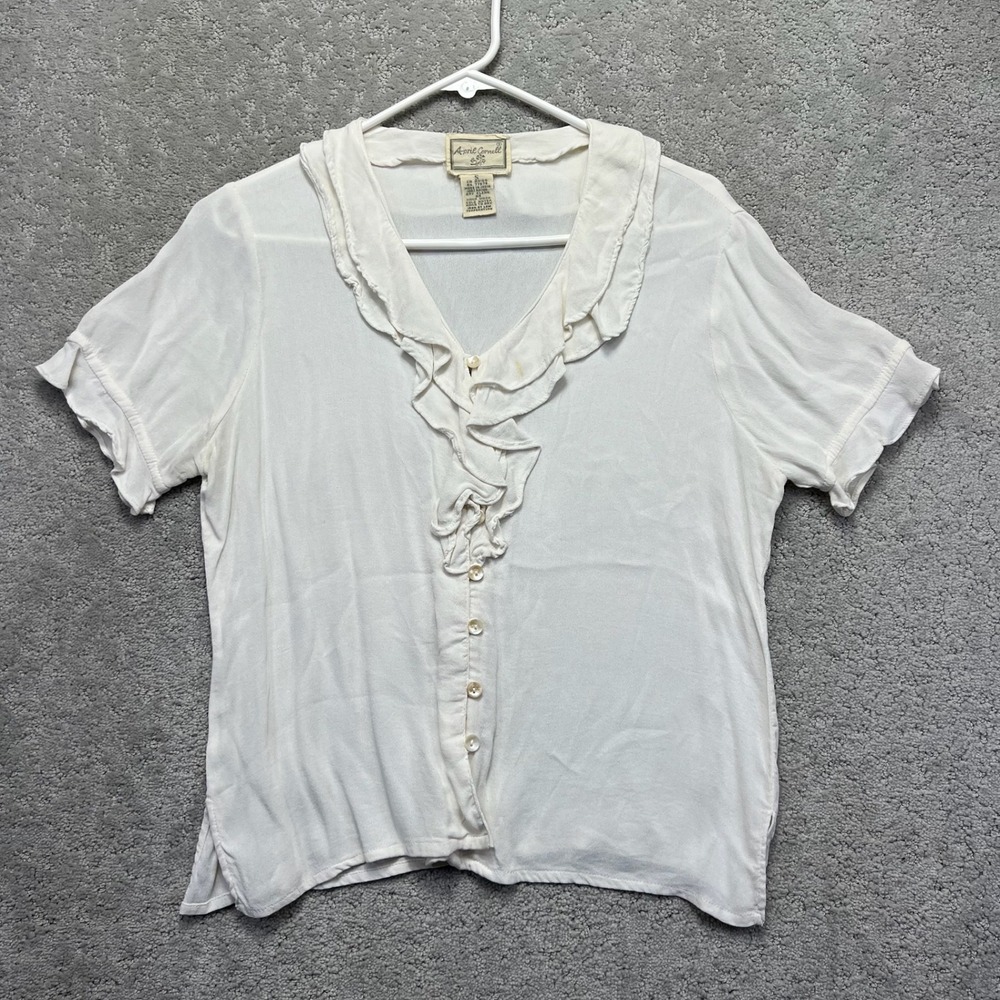 April Cornell Blouse Top Womens Small White Ruffle V-Neck Button Front Rayon